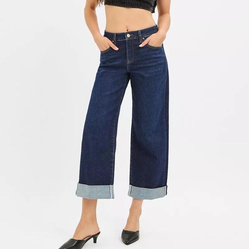 RISEN Mid Rise‎ Fit Ankle Wide Roll Up Jeans